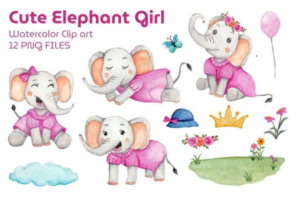 Girl Elephant Watercolor Clipart for Print Templates