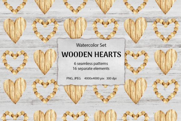 Watercolor Set Wooden Hearts: Patterns for Branding